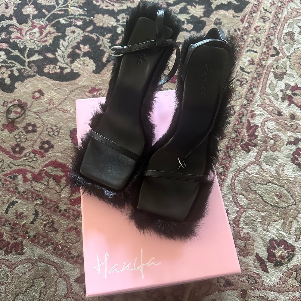 Black Square Toe Fuzzy Hanifa Heels
